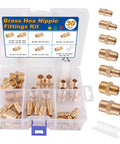 Brass Pipe Fittings Hex Nipple Kit 30 Piece With 1/8x1/8 NPT 1/4x1/8 NPT 1/4x1/4 NPT 3/8x1/4 NPT 3/8x3/8 NPT 1/2x3/8 NPT 1/2x1/2 NPT Includes Teflon Tape For Easy DIY Plumbing Projects
