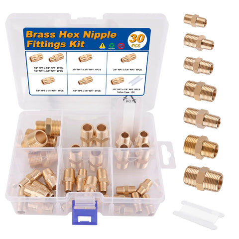 Brass Pipe Fittings Hex Nipple Kit 30 Piece With 1/8x1/8 NPT 1/4x1/8 NPT 1/4x1/4 NPT 3/8x1/4 NPT 3/8x3/8 NPT 1/2x3/8 NPT 1/2x1/2 NPT Includes Teflon Tape For Easy DIY Plumbing Projects