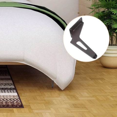 Room with bed and close-up of 4 Pack 6 Inch Cold Rolled Steel Angled Furniture Legs For DIY Tables Sofas Cabinets And TV Stands Built Tough For No Wobble Stability Easy Install With Stable Support And A Modern Minimalist Look.