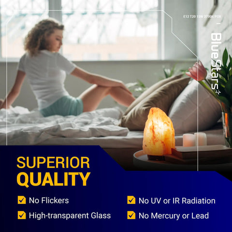 Cozy room with lit E12 T20 Salt Lamp Bulb 120V 15W Warm White 2700K, highlighting superior quality features on table.