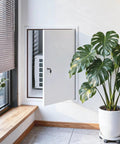 Heavy Hitter Metal Access Panel With Secure Lock And Insulated White Attic Inspection Door showcased in modern home with open door.