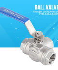 Kickass Heavy Duty One Half Inch 304 Stainless Steel Three Way Ball Valve T Port with a blue lever for plumbing.