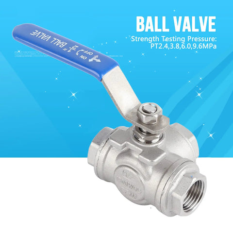 Kickass Heavy Duty One Half Inch 304 Stainless Steel Three Way Ball Valve T Port with a blue lever for plumbing.