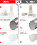 Comparison of closed end crimp wire connectors, highlighting C11000 copper tubular and nylon insulation versus aluminum and plastic.