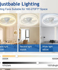 Adjustable lighting options for 20 Inch Low Profile Ceiling Fan With Led Light And App Remote featuring three color temperatures.