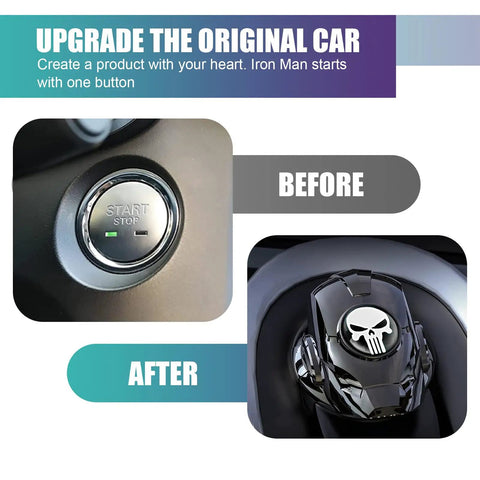 Before and after image of Iron Man Skull Start Button Cover For Cars Dope 150 Degree Opening Ignition Switch Decor Anti Scratch