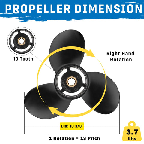 Beefed Up 10 3/8 Inch Aluminum Outboard Propeller With 13 Pitch, 10 Spline Teeth, Right Hand Rotation, Part 48-19640A40 Upgrade for Mercury 9.9 15 18 20 25 HP Motors, Marine Boat Prop Built For Rough Waters