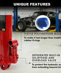 3 Ton Hydraulic Long Ram Jack With Clevis Base and Handle for Garage with seals and valve displayed, unique features highlighted.