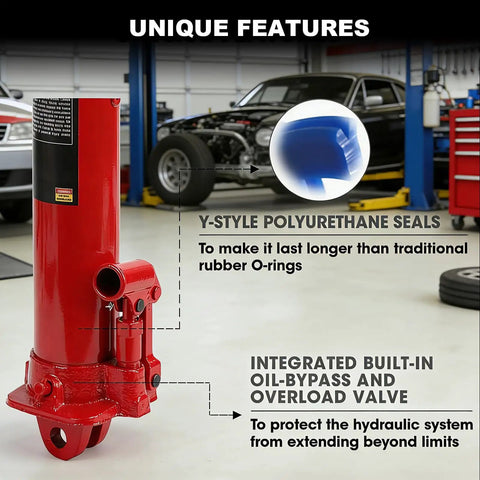 3 Ton Hydraulic Long Ram Jack With Clevis Base and Handle for Garage with seals and valve displayed, unique features highlighted.