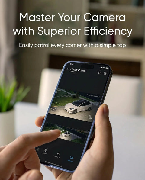 Person using phone app to control Outdoor Floodlight Security Camera With 360 Degree Pan And Tilt, 2K Video, AI Detection And Auto Tracking