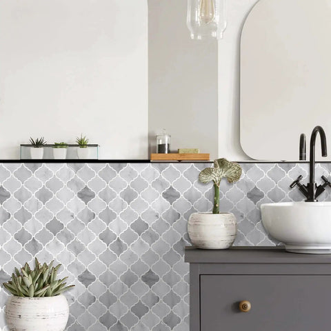 Arabesque Peel And Stick Tiles For Kitchen Backsplash In Marble Gray, 12 By 12 Inch, shown in modern bathroom setting