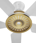 Swanky Speakeasy 60 Inch Indoor Ceiling Fan With Matte White Finish Universal Mount And 5 Inch Downrod featuring gold and white fan details.