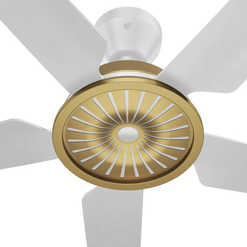 Swanky Speakeasy 60 Inch Indoor Ceiling Fan With Matte White Finish Universal Mount And 5 Inch Downrod featuring gold and white fan details.