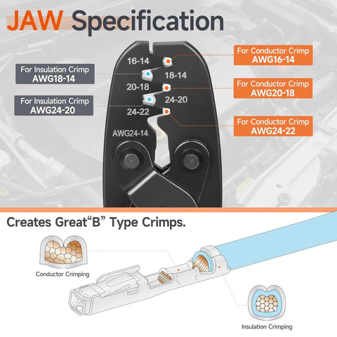Diagram of Open Barrel Terminal Crimp Tool Five Cavities For 24 To 14 AWG Non Insulated with jaw specifications.