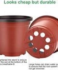 Red plant pot with drainage holes shown in close-up and side view for clarity on structure and breathability.