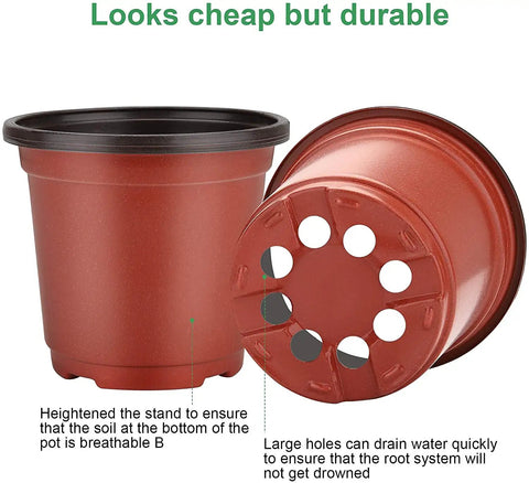 Red plant pot with drainage holes shown in close-up and side view for clarity on structure and breathability.