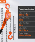 Orange VEVOR manual lever chain hoist, 1.5 ton capacity, 10 ft galvanized steel chain with rotating hook
