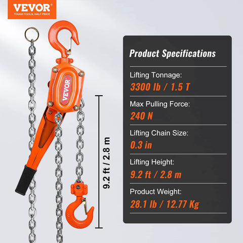 Orange VEVOR manual lever chain hoist, 1.5 ton capacity, 10 ft galvanized steel chain with rotating hook