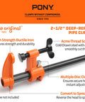 Heavy Duty Deep Reach Pipe Clamps 2 Pack For Woodworkers And Diy Crews 3/4 Inch Threaded Steel Vise Kit With Killer Grip 2 5 Inch Throat, orange ductile iron clamp with acme-thread screw.