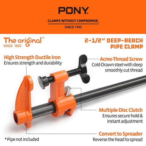 Heavy Duty Deep Reach Pipe Clamps 2 Pack For Woodworkers And Diy Crews 3/4 Inch Threaded Steel Vise Kit With Killer Grip 2 5 Inch Throat, orange ductile iron clamp with acme-thread screw.