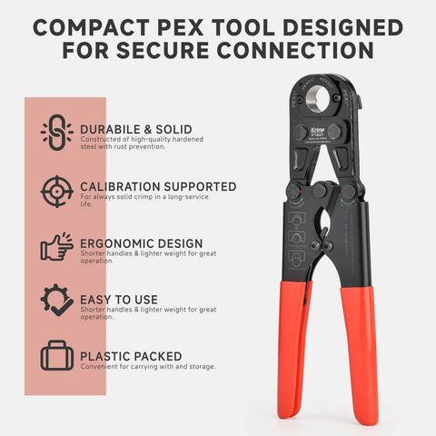 All In One PEX Pipe Crimp Tool Kit For 3/8, 1/2, 3/4, And 1 Inch Copper Rings With Free Gauge And PEX Pipe Cutter Meets ASTM F1807 with ergonomic grip