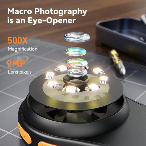 Pocket Size Handheld Digital Microscope With 1080P HD And 500X Magnification, 2MP Lens, 2.0 Inch Screen, 8 LED Lights, USB C Cable, Great For Kids And Adults To Explore Insects And Plant Details On The Go. Exploded lens view