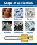 NUSHKI counterbore end mill HSS cutter; six metals shown: copper, carbon steel, die steel, aluminum, structural steel, alloy steel