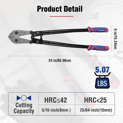 Beefy 24 Inch Bolt Cutter With Chrome Molybdenum Steel Jaws, Drop Forged Cr Mo, Soft Rubber Grip, Heavy Duty Use Specs Diagram