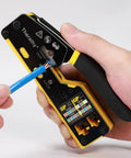 Close-up of Pass Through RJ45 Crimp Tool Kit For Cat5e Cat6 Ethernet Plugs Pro Grade No Fuss All In One Crimping Tool with cable