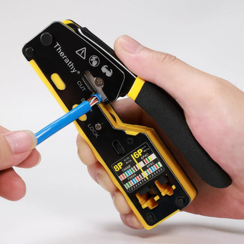 Close-up of Pass Through RJ45 Crimp Tool Kit For Cat5e Cat6 Ethernet Plugs Pro Grade No Fuss All In One Crimping Tool with cable