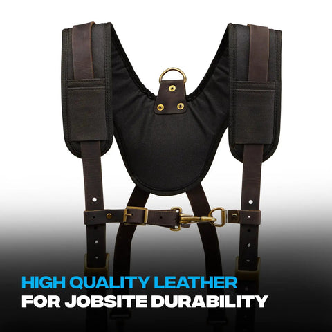 Oil Tanned Leather Tool Belt Suspenders For Men With Heavy Duty Padded Support And Adjustable Chest Strap, front view
