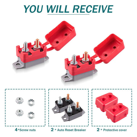 Two Pack 30A DC Circuit Breaker With Auto Reset For 12V And 24V Systems, Thermal Overcurrent Protection, Rugged Auto Reset Design, Easy Install With 10 32 Terminal Block, Perfect For Auto Marine RV Wiring And Power Circuits, 2 breakers with covers