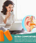 Woman using laptop with Orange Foam Ear Plugs With 33dB NRR For Sleep Work And Loud Noise Ultra Soft Comfortable Fit
