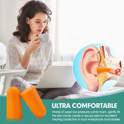 Woman using laptop with Orange Foam Ear Plugs With 33dB NRR For Sleep Work And Loud Noise Ultra Soft Comfortable Fit