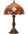 Tiffany Style Red Liaison Stained Glass Table Lamp With Antique Green Bronze Base, 12 Inch Shade And 18 Inch Tall Desk Bedside Reading Light For Bedroom, Living Room, Or Home Office, UL Listed