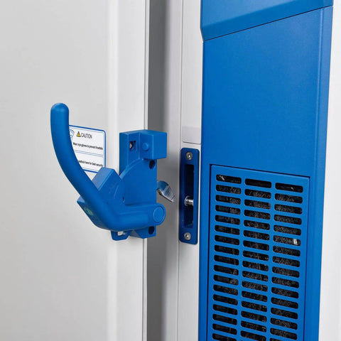 Close-up of the secure keyed lock on Rock Solid Premium Ultra Low Temperature Undercounter Lab Freezer with digital thermostat.