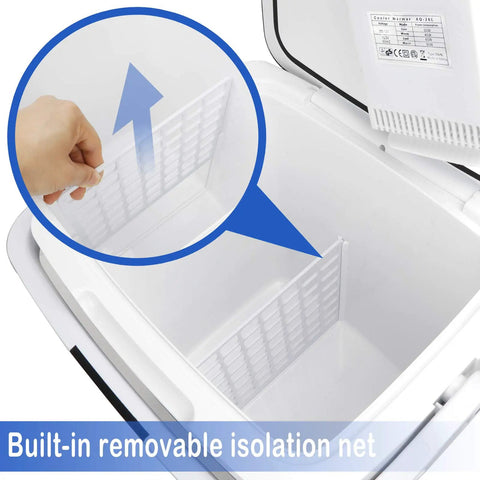 Close-up of the built-in removable isolation net inside the Portable 26 Liter Car Cooler Warmer With Ac Dc Power.