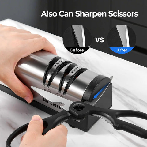 Fast 2 Stage Electric Knife Sharpener For Home Kitchen sharpening scissors on marble counter.
