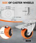 Heavy Duty Furniture And Workbench Casters Set Of Four Premium Polyurethane Wheels Dual Locking Brakes Moves Tough Loads Like A Champ size diagram with dimensions and orange wheel details.