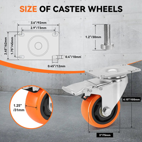 Heavy Duty Furniture And Workbench Casters Set Of Four Premium Polyurethane Wheels Dual Locking Brakes Moves Tough Loads Like A Champ size diagram with dimensions and orange wheel details.