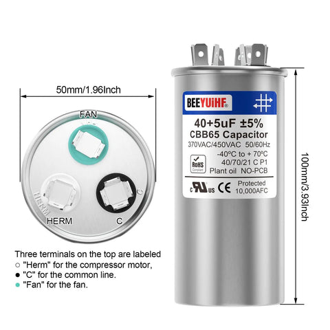 Beefed Up Heavy Duty Dual Run Capacitor 40 And 5 MFD CBB65 For AC Motors And Fans, 370 440 450V AC, 50 To 60 Hz, labeled terminals.