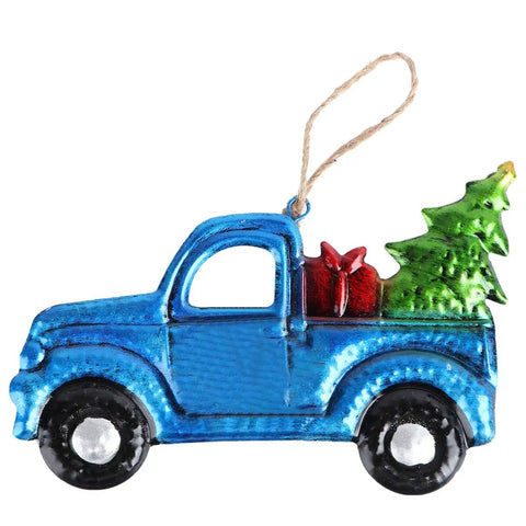 Festive Pickup Truck Ornament With Christmas Tree Decor Iron And Glass Hanging Keepsake in blue, featuring a red gift and green tree