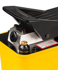 Air Hydraulic Foot Pump For Bead Breaker, 10,000 PSI Heavy Duty Auto Shop Tool with yellow reservoir, close-up of foot pedal