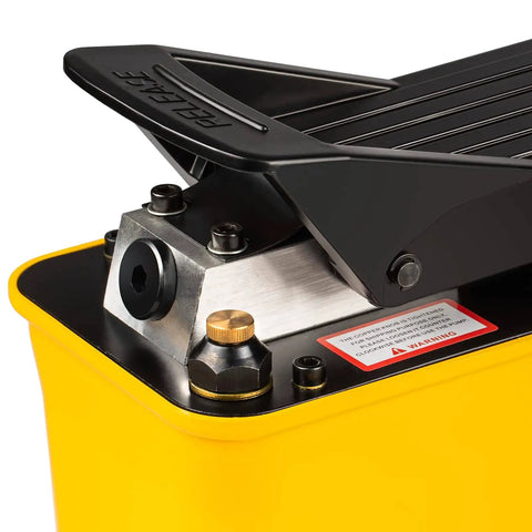 Air Hydraulic Foot Pump For Bead Breaker, 10,000 PSI Heavy Duty Auto Shop Tool with yellow reservoir, close-up of foot pedal