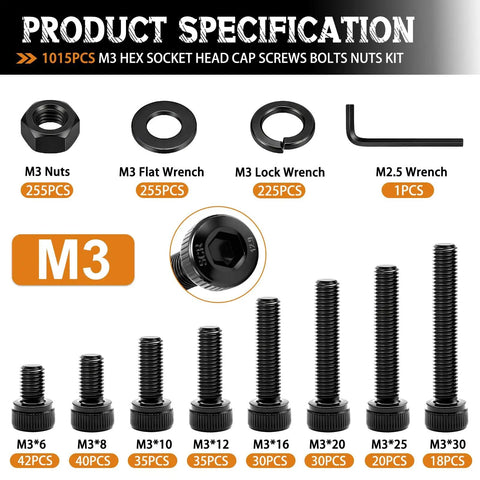 1015Pcs M3 Screws Kit Dope Set with bolts, nuts, washers, hex wrench for 3D printers and electronics DIY repair.