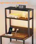 Solid Tall Nightstand With Four Open Shelves And Two Fabric Drawers Ultimate Bedside Station Big Time Bedroom Storage Setup with clock and phone charger.