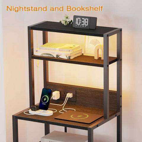 Solid Tall Nightstand With Four Open Shelves And Two Fabric Drawers Ultimate Bedside Station Big Time Bedroom Storage Setup with clock and phone charger.