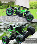 Side view of One Fourteen Scale Large Off Road Remote Control Monster Truck With LED Headlights 4WD climbing a rock.