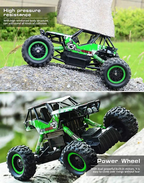 Side view of One Fourteen Scale Large Off Road Remote Control Monster Truck With LED Headlights 4WD climbing a rock.