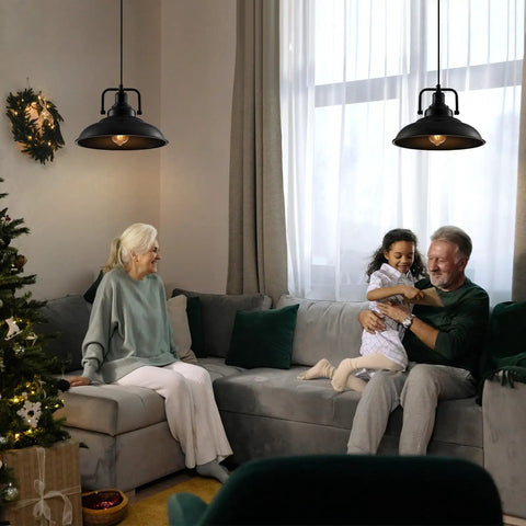 Cozy living room with two Black Pendant Light Set Of 3, 12.5 Inch Industrial Farmhouse Pendant Lighting glowing above a family on a couch.